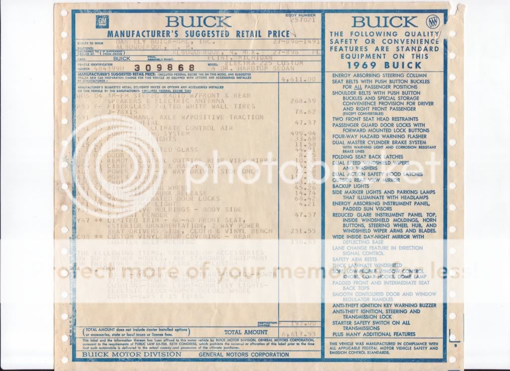1969 Buick Electra 225 window sticker Buick Forums